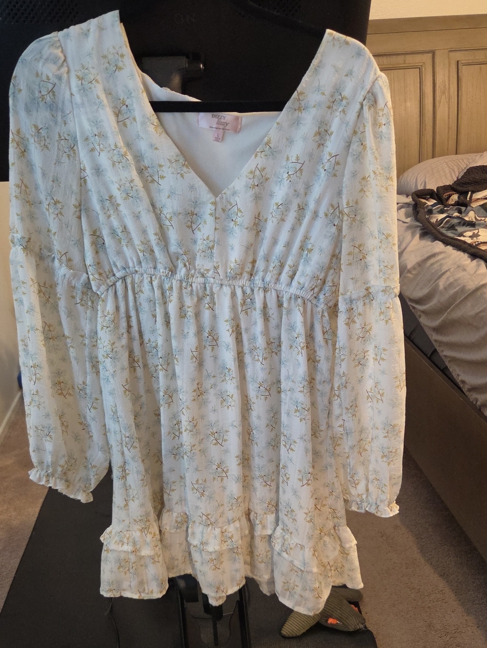 Dainty Light Blue Floral V-Neck Midi Dress